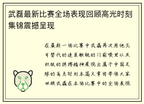 武磊最新比赛全场表现回顾高光时刻集锦震撼呈现