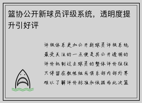 篮协公开新球员评级系统，透明度提升引好评