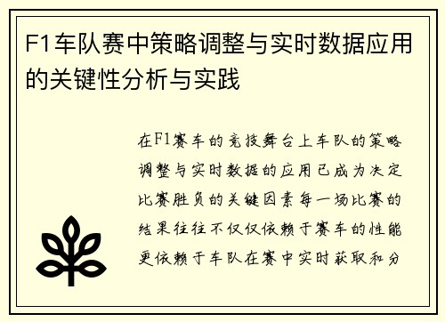 F1车队赛中策略调整与实时数据应用的关键性分析与实践